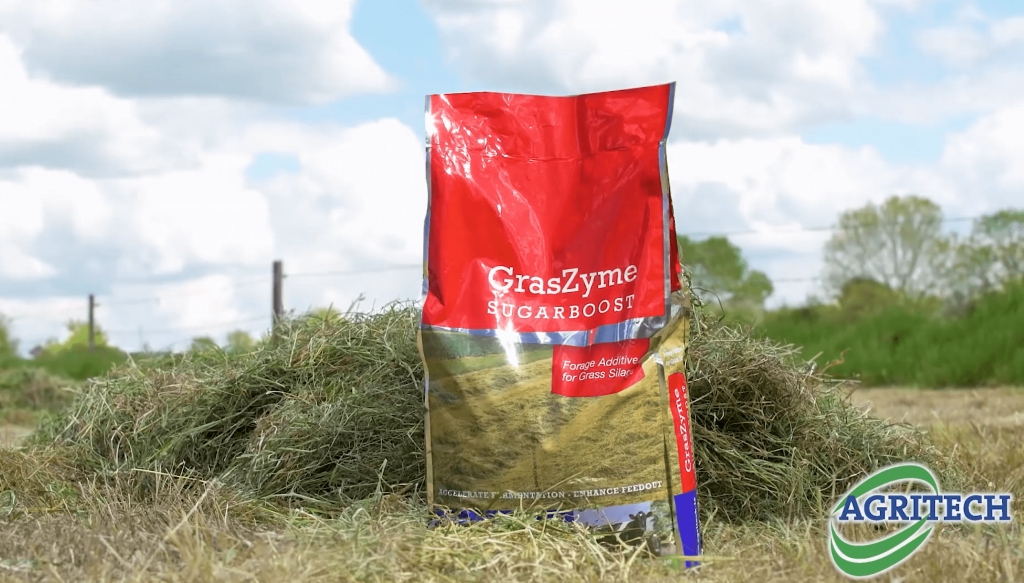 GrasZyme Sugarboost bag in a field of cut grass silage 2020